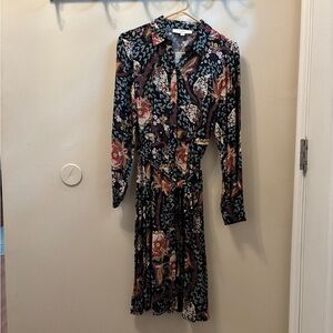 LOFT Orange and Pink Long Sleeve Buttoned Dress